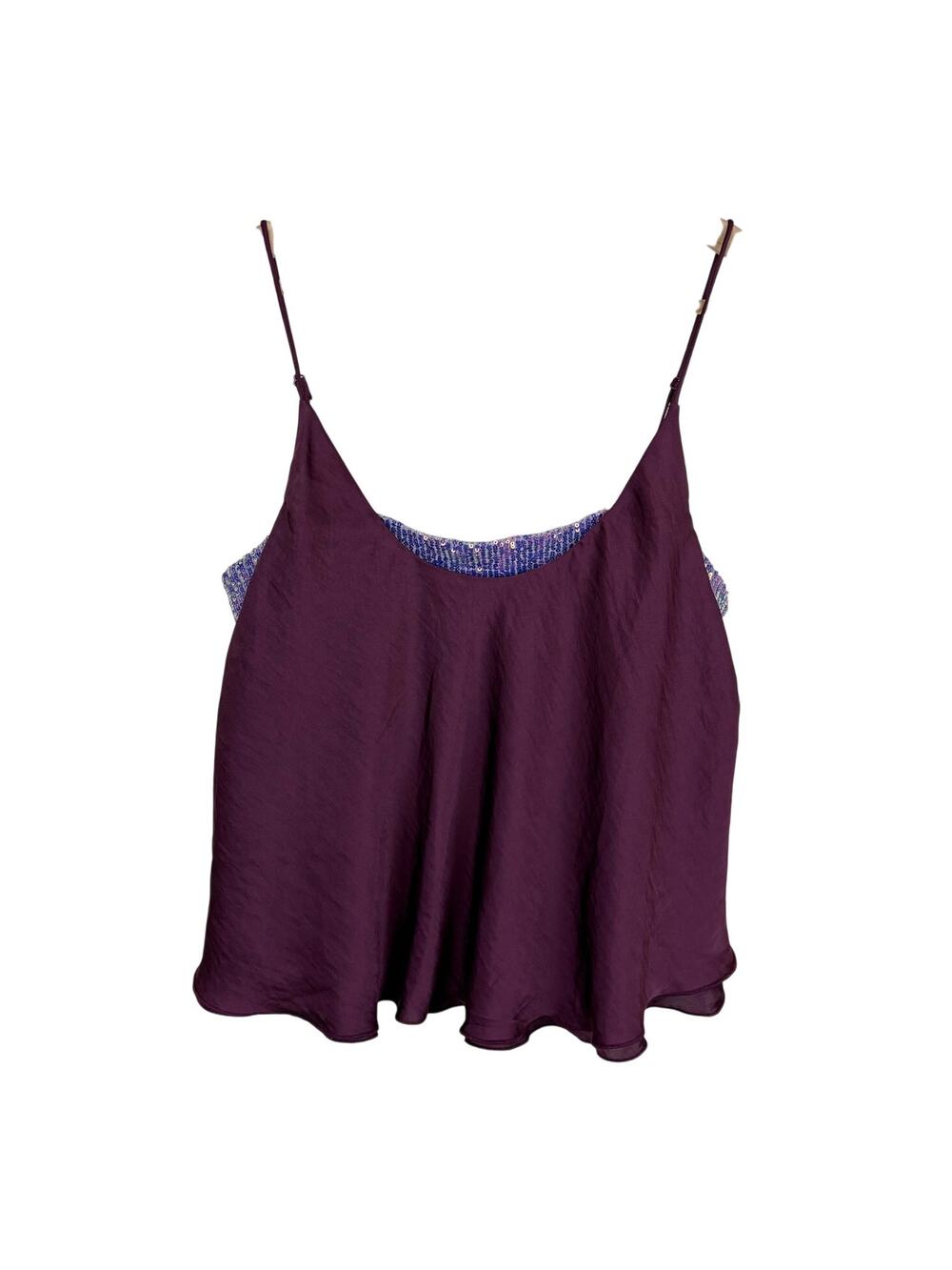 Free People Turn It On Cami Top Vetiver Bloom Plum Purple Womens Size L Sequins